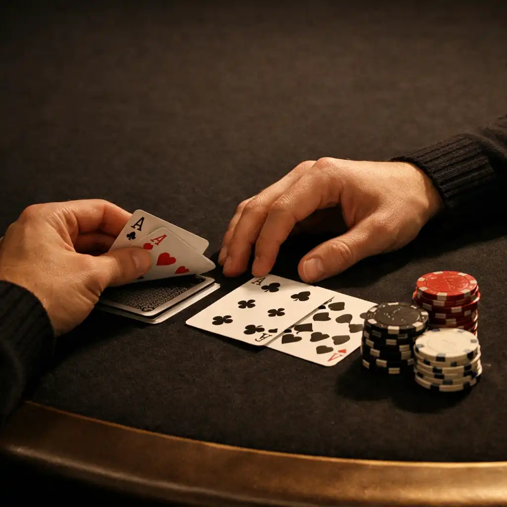 Hands arranging physical cards and tactile chips on a dark felt poker table.