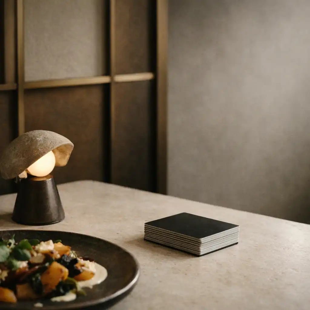 A bronze-framed architectural detail beside a seasonal dish and closed deck of physical cards.
