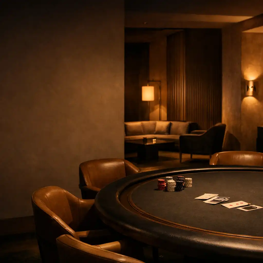 A softly lit physical poker table in Fortune and Copper's architectural card lounge.
