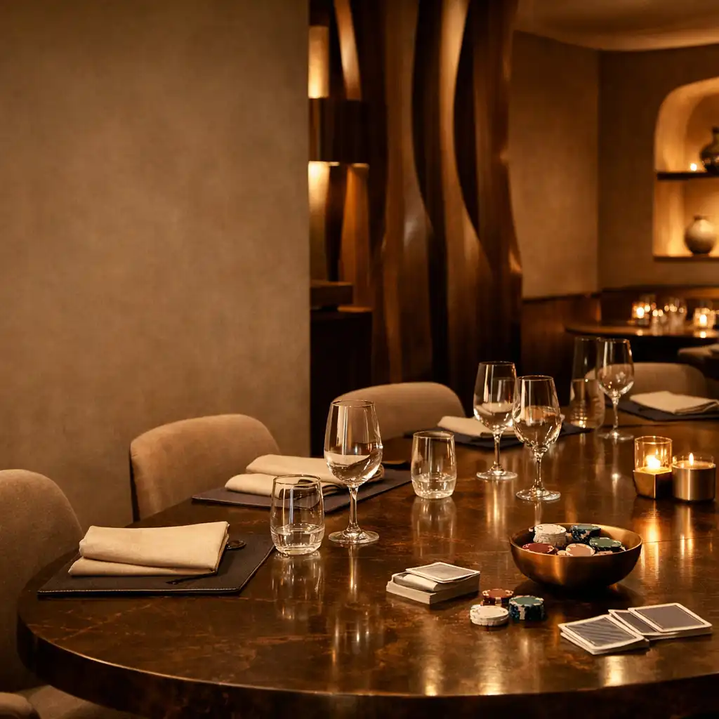 A private shared table set within Fortune and Copper's softly lit architectural lounge.