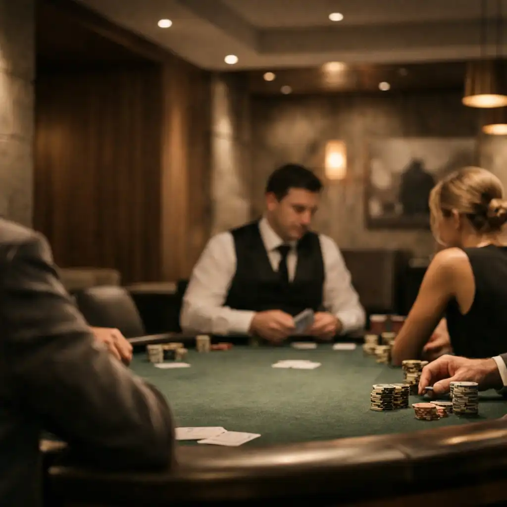 An in-person Texas Hold'em table gathering in a refined card lounge.