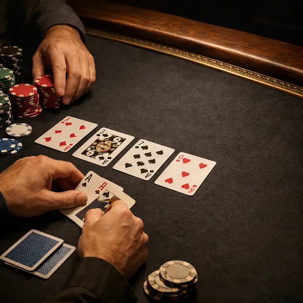 Hands arranging physical playing cards and tactile chips on a dark felt table