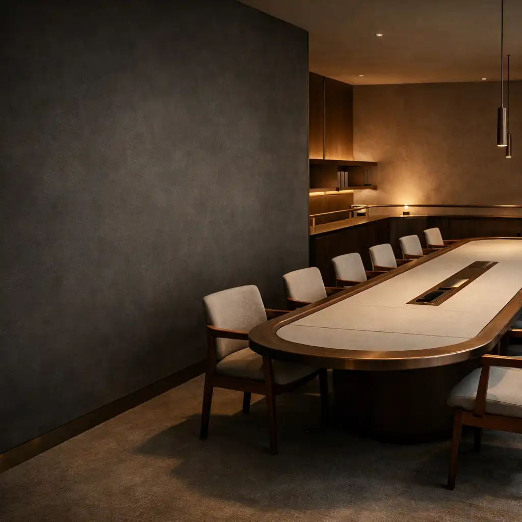 Architectural view across a long card table in Fortune and Copper’s physical lounge