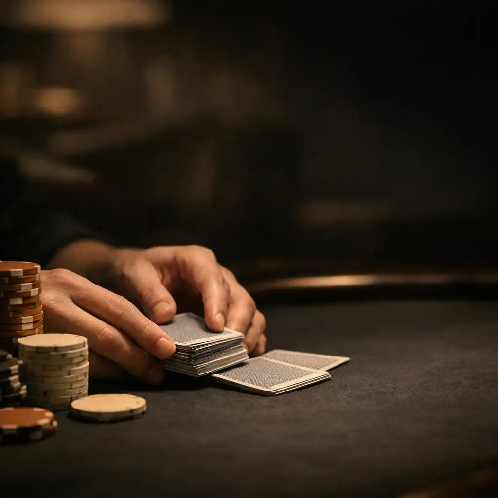 Hands arranging playing cards and matte chips on a dark felt table