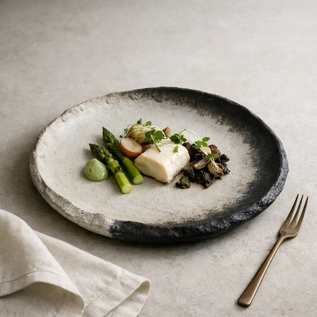 Refined seasonal dish on a sculptural ceramic plate at Fortune and Copper