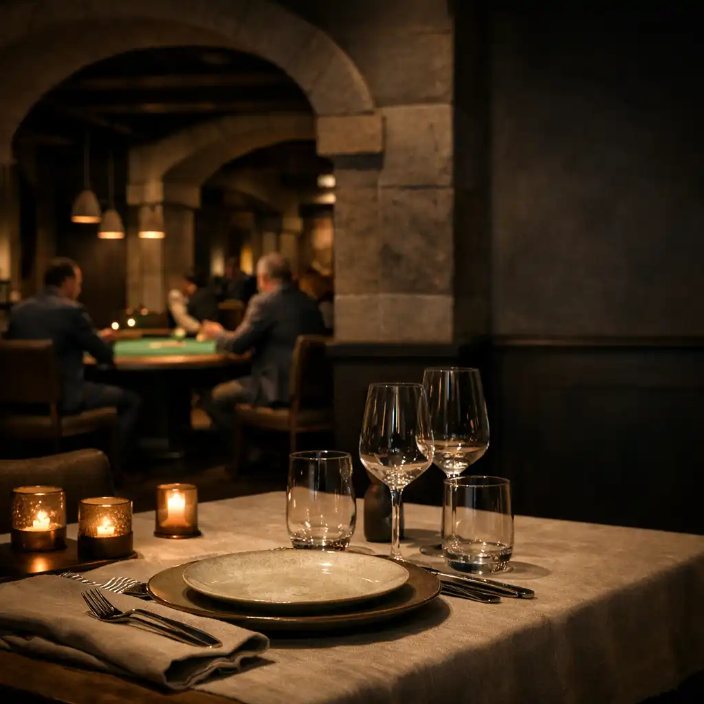 Evening dining table in the foreground with softly lit physical card tables deeper in the room