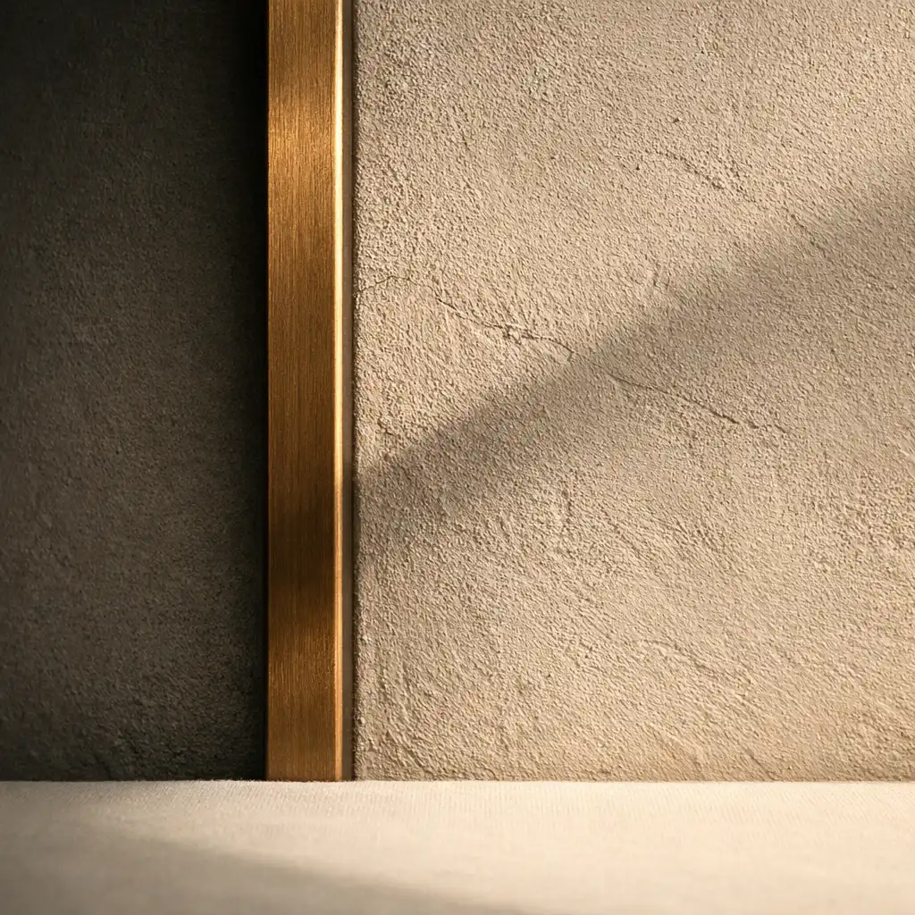 A slim bronze edge meeting a textured dry clay wall