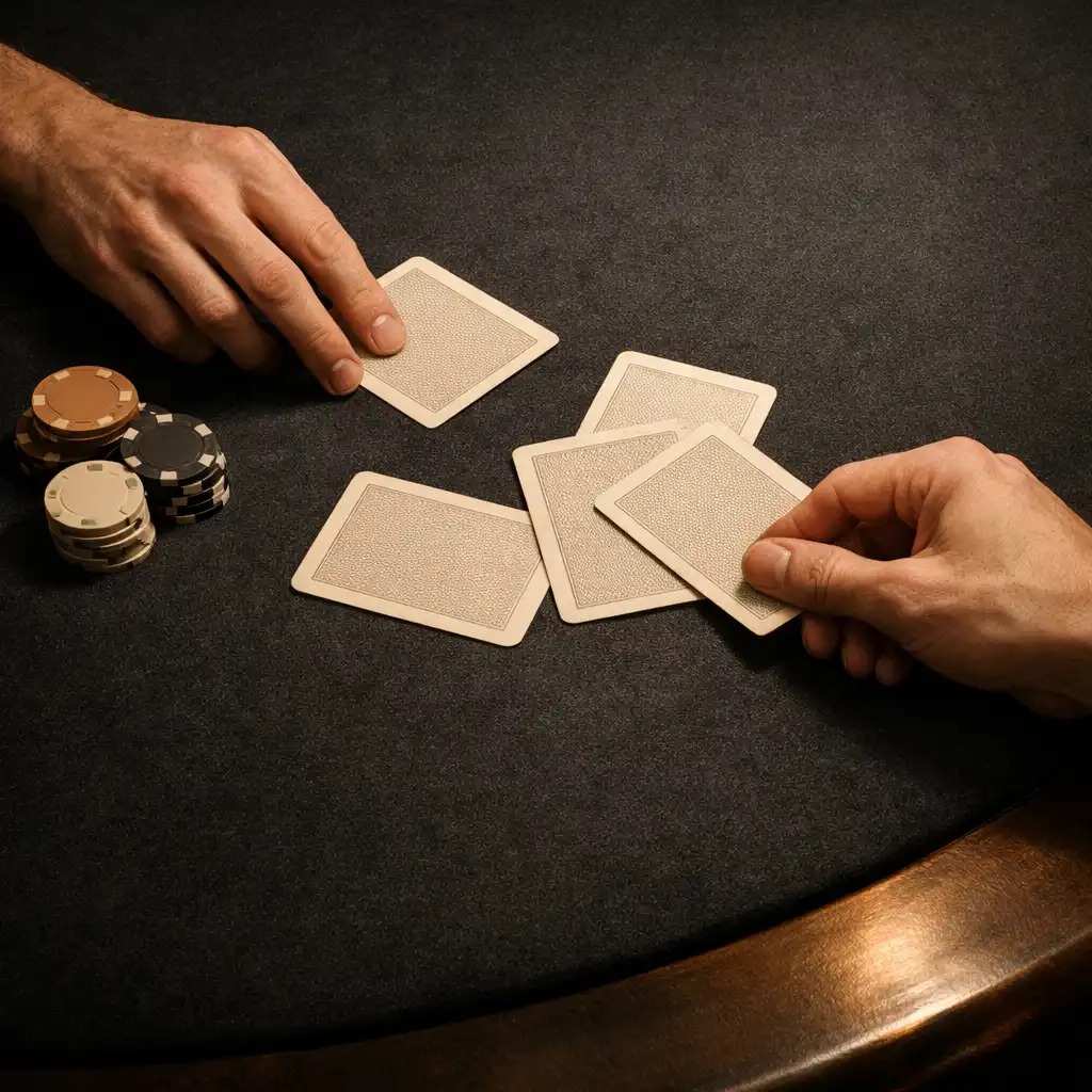 Two hands arranging physical playing cards on dark felt beside tactile chips