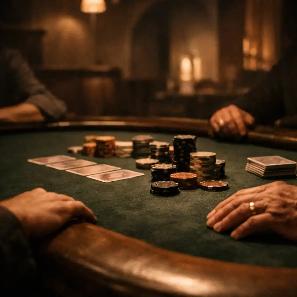Anonymous hands gathered around physical cards and chips on a felt poker table