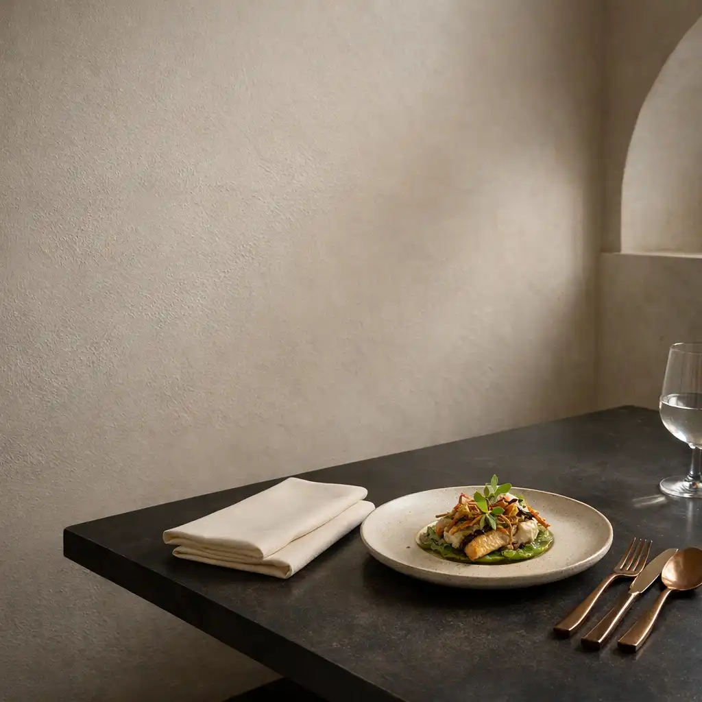 A softly lit restaurant table with a plated dish, ivory linen and bronze-toned cutlery