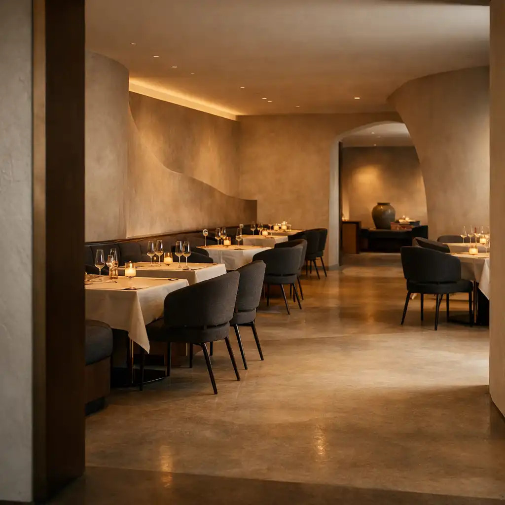 Restaurant dining room viewed through an architectural threshold