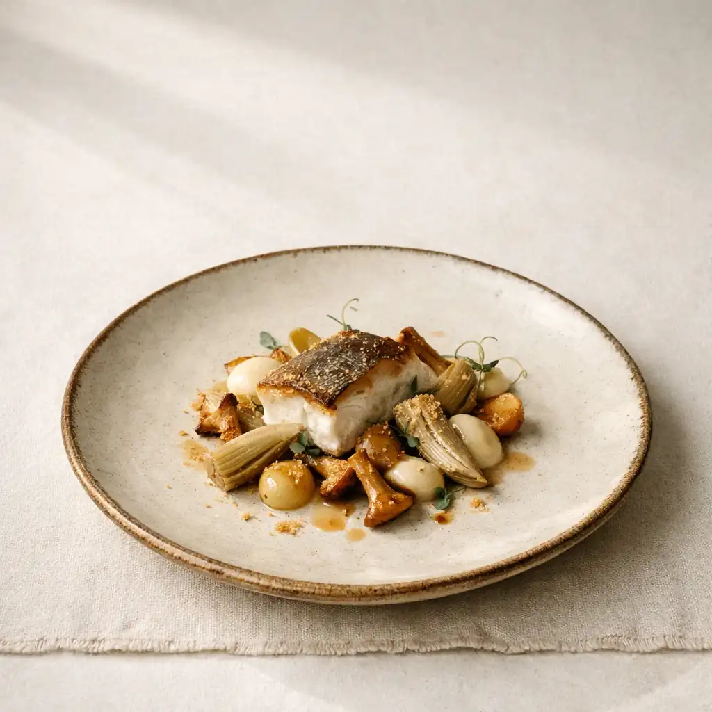 A single seasonal restaurant plate on a pale paper-like table surface