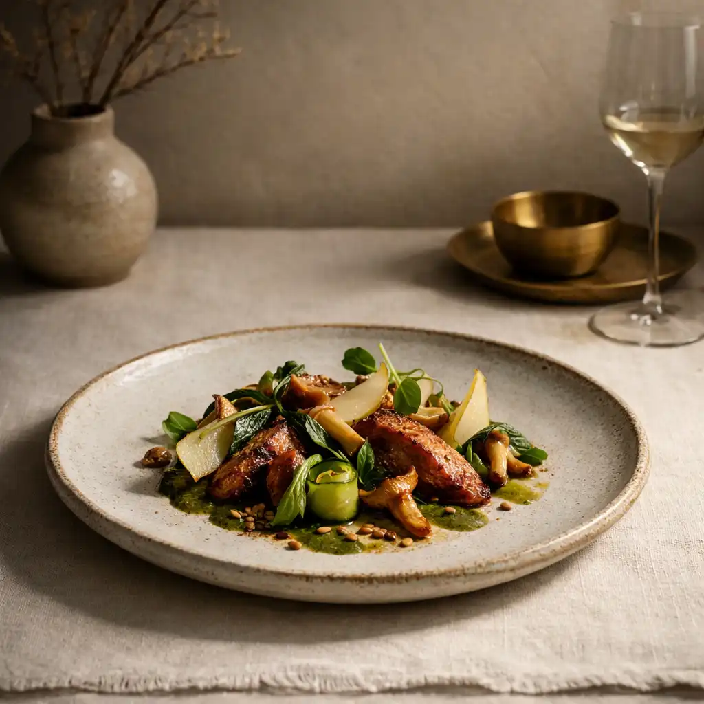 A sculptural plated dish with ceramic texture and a linen edge