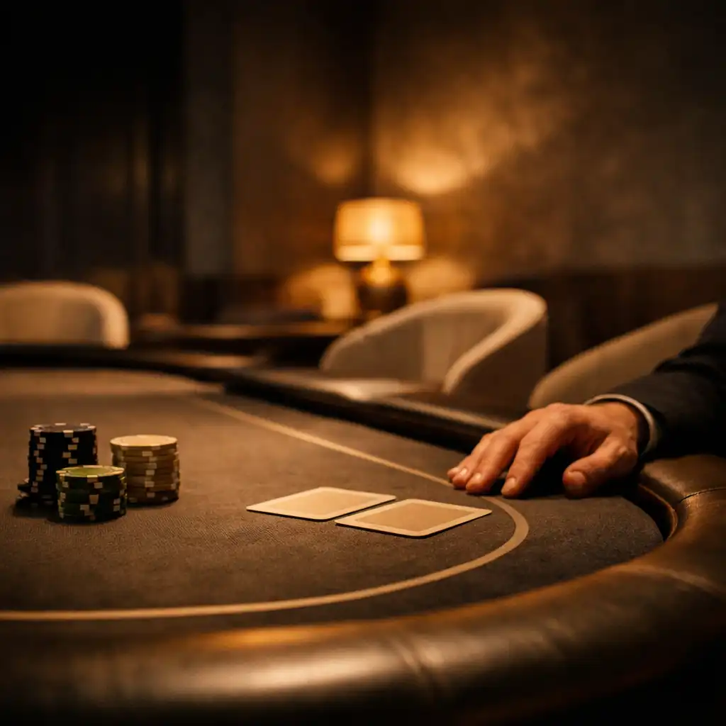 A softly lit physical card lounge table with cards, tactile chips and a resting hand