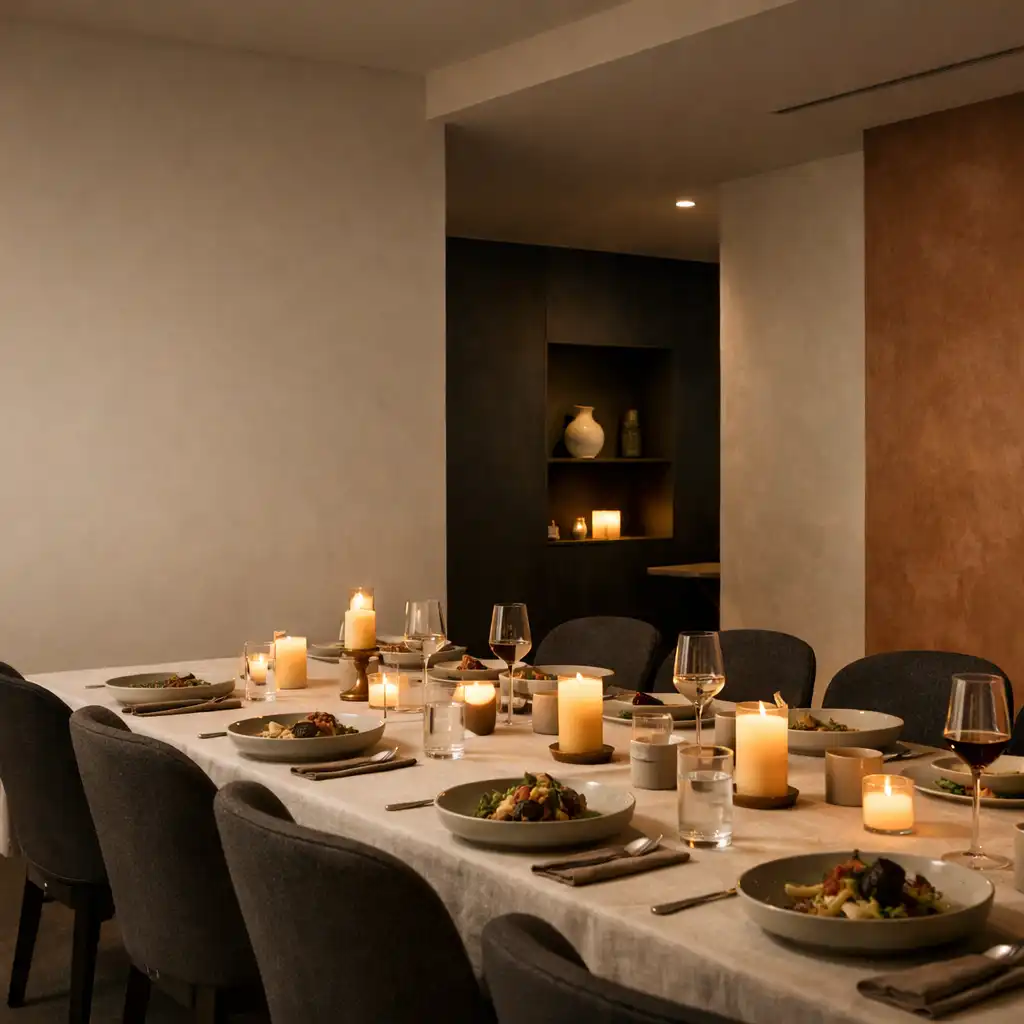 A quietly lit private dining room with a long table set for an evening gathering