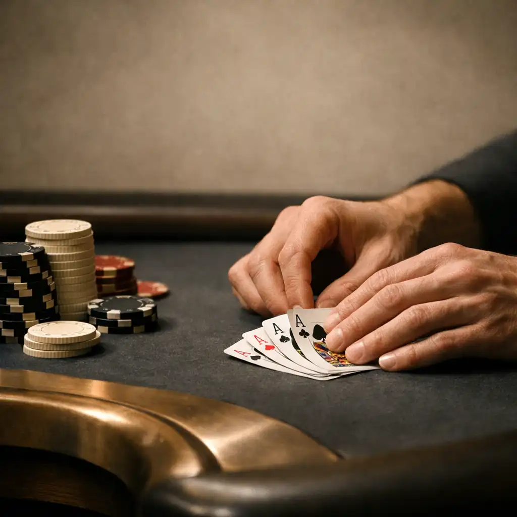 Hands arranging playing cards and tactile chips beside a bronze-toned table edge