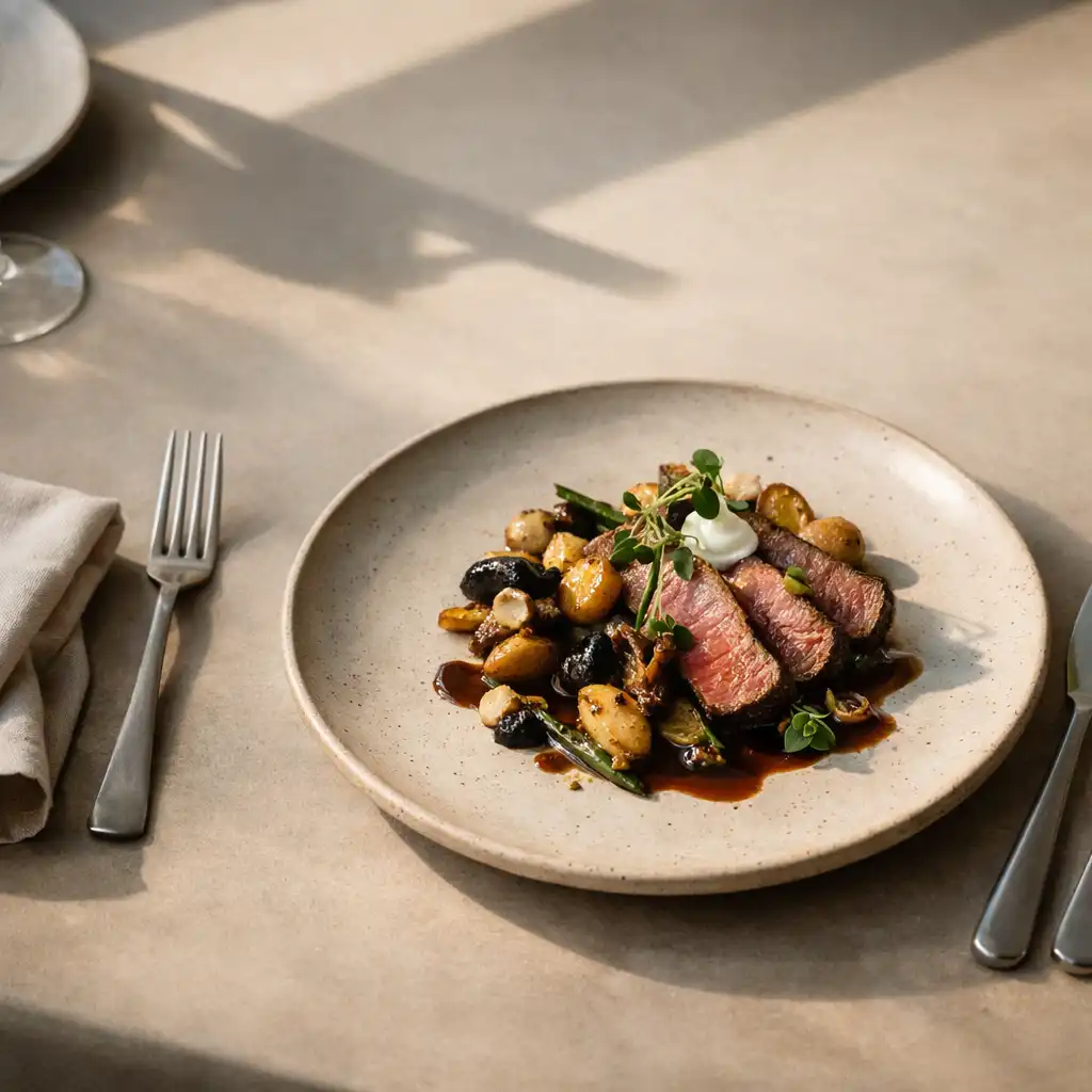 A refined seasonal plated dish on a pale ceramic plate at a private table