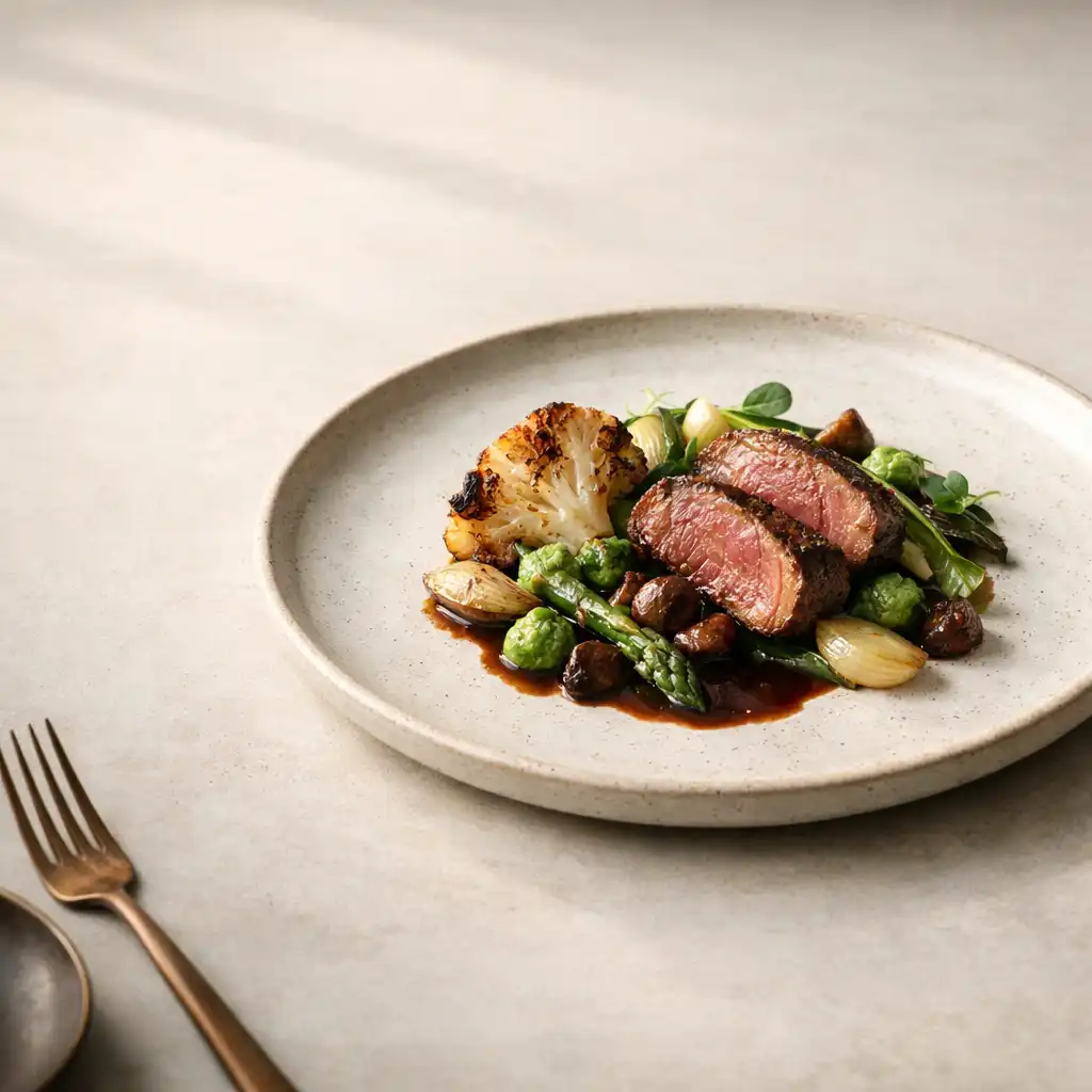 A refined plated dish on a pale stone table in soft natural light