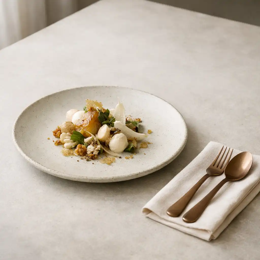 A refined seasonal plated dish on a pale stone table