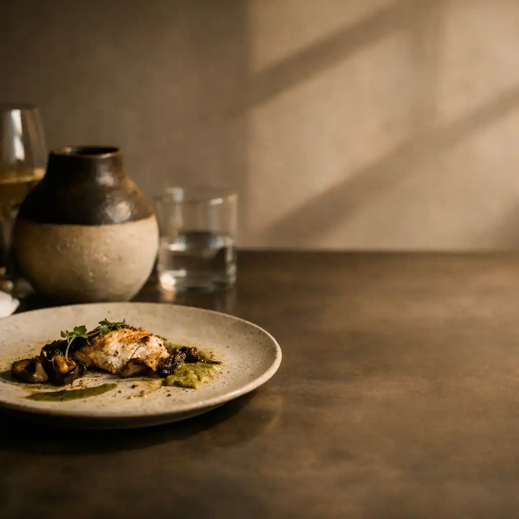 A plated dish beside ivory linen, ceramic and glassware on a restaurant table